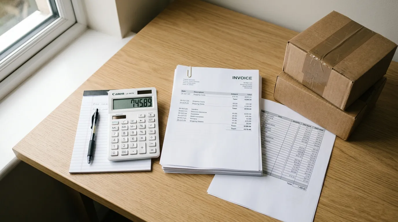 Calculadora, facturas y una hoja de costos sobre un escritorio junto a cajas de envío