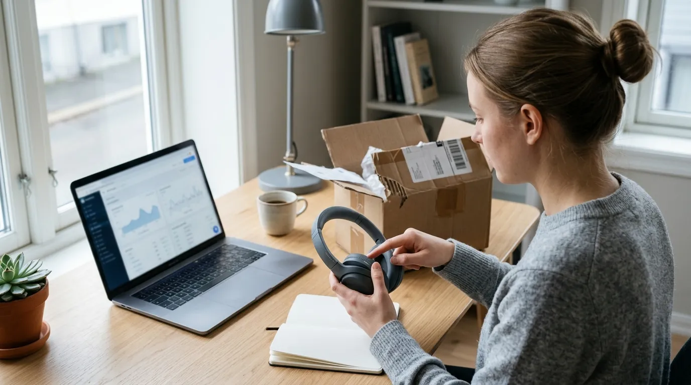 Amazon-Sellerin am Schreibtisch prüft ein retourniertes Paket neben einem Laptop mit Retouren-Dashboard