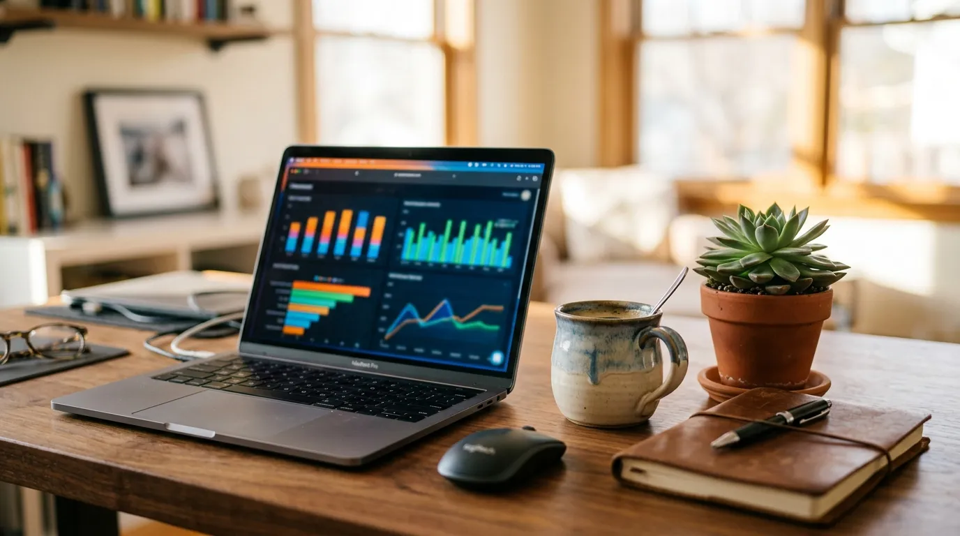 Painel de campanha de PPC da Amazon em um notebook, mostrando ACoS e automação de lances