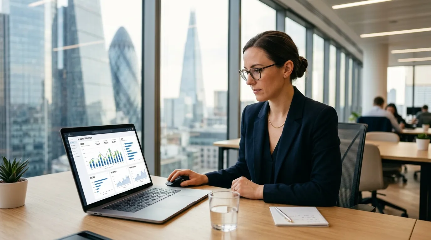 Laptop showing a PPC automation dashboard with ACoS charts on a desk in a modern office