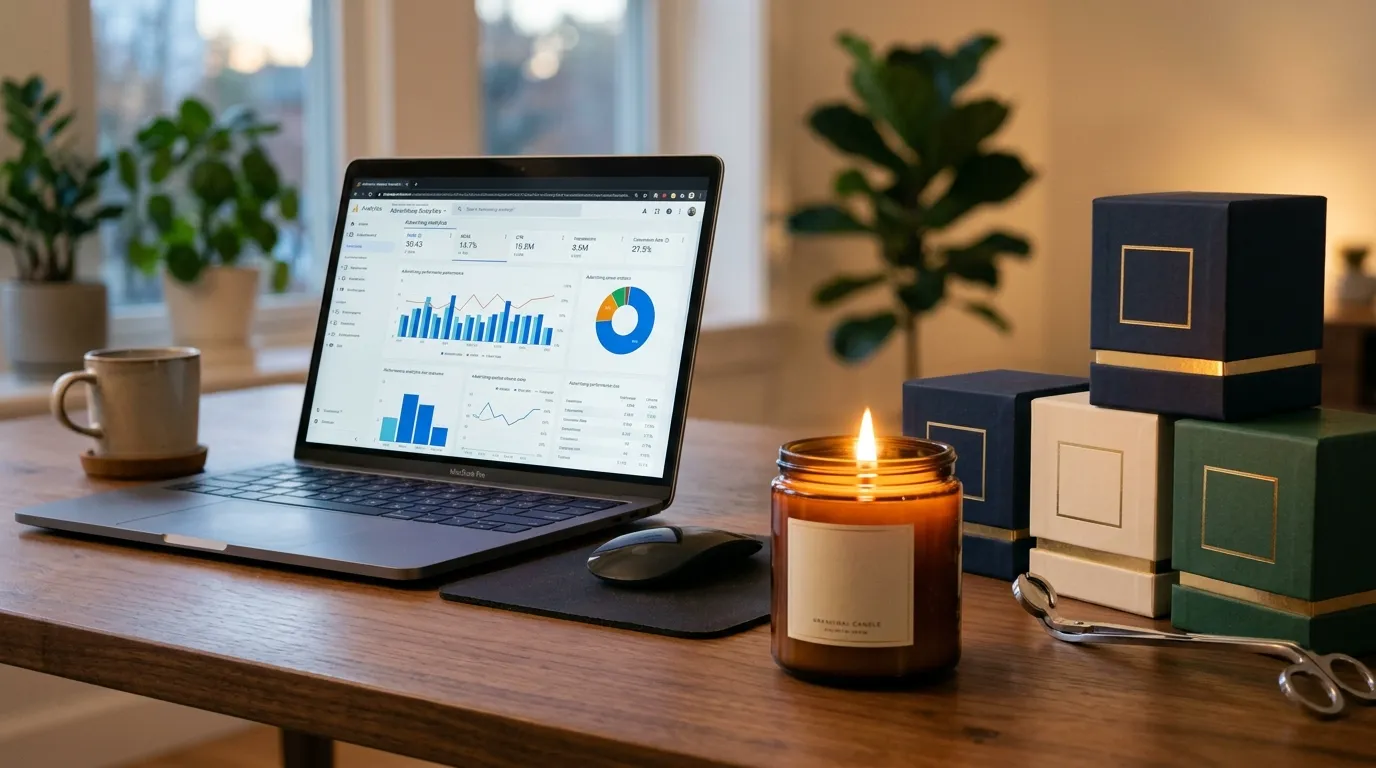 Amazon PPC dashboard showing AI auto-managed campaign metrics outperforming manual campaigns for a candle brand