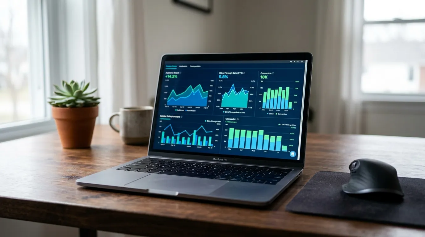 Amazon-PPC-Dashboard auf Laptop neben einem zweiten Bildschirm mit Werbeanalysen