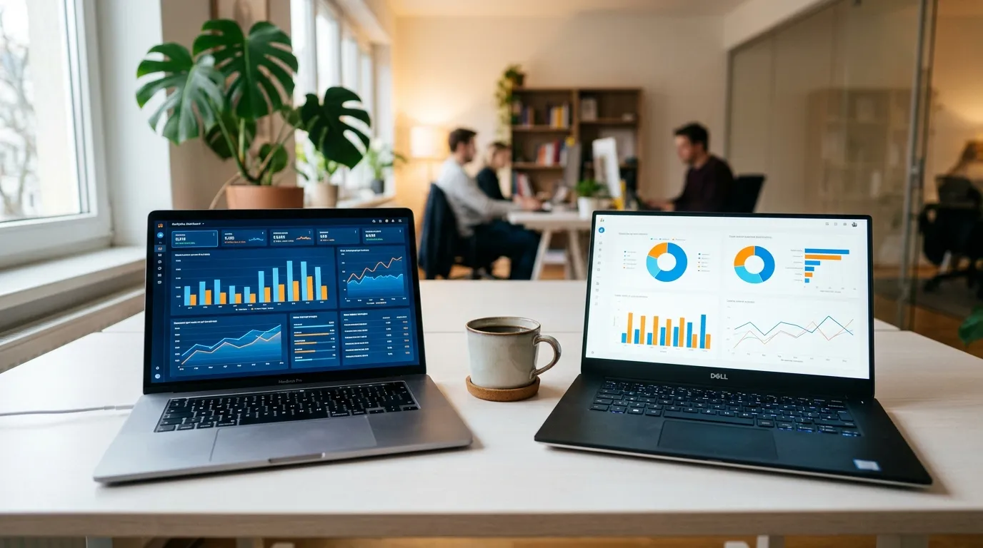 Zwei Laptop-Bildschirme mit Amazon-PPC-Dashboards nebeneinander auf einem Schreibtisch