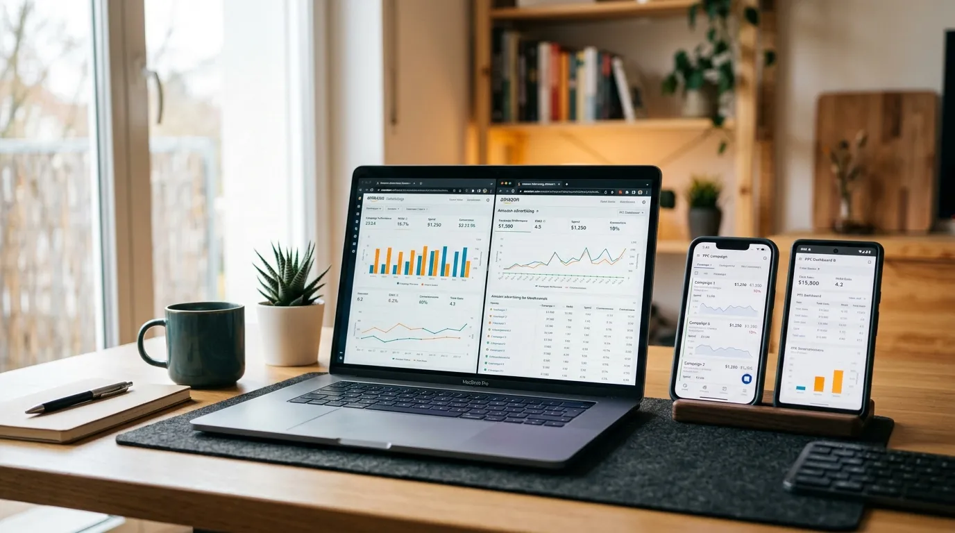 Laptop mit Amazon-PPC-Analysedashboard auf einem aufgeräumten Schreibtisch