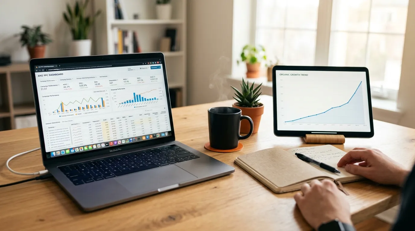 Laptop showing Amazon PPC analytics dashboard on a clean desk