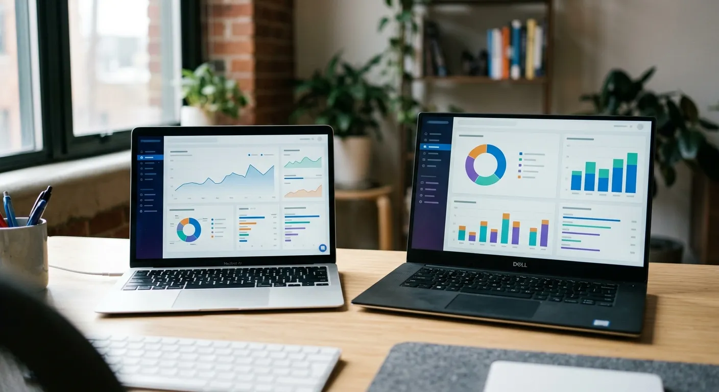 Amazon PPC dashboard on a laptop next to a second screen showing advertising analytics