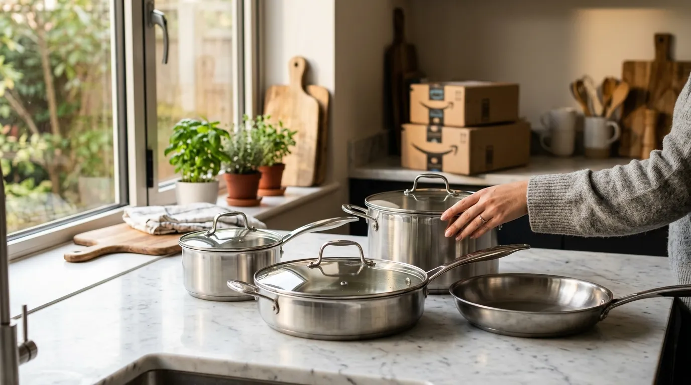 Daniks stainless steel cookware set on a kitchen counter with Amazon boxes in the background