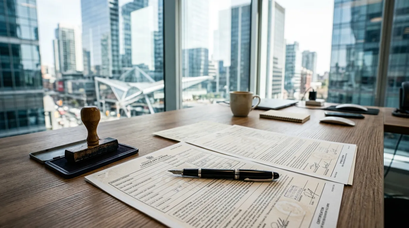 Official licence documents with a pen and stamp on a desk, Dubai office towers blurred in the background