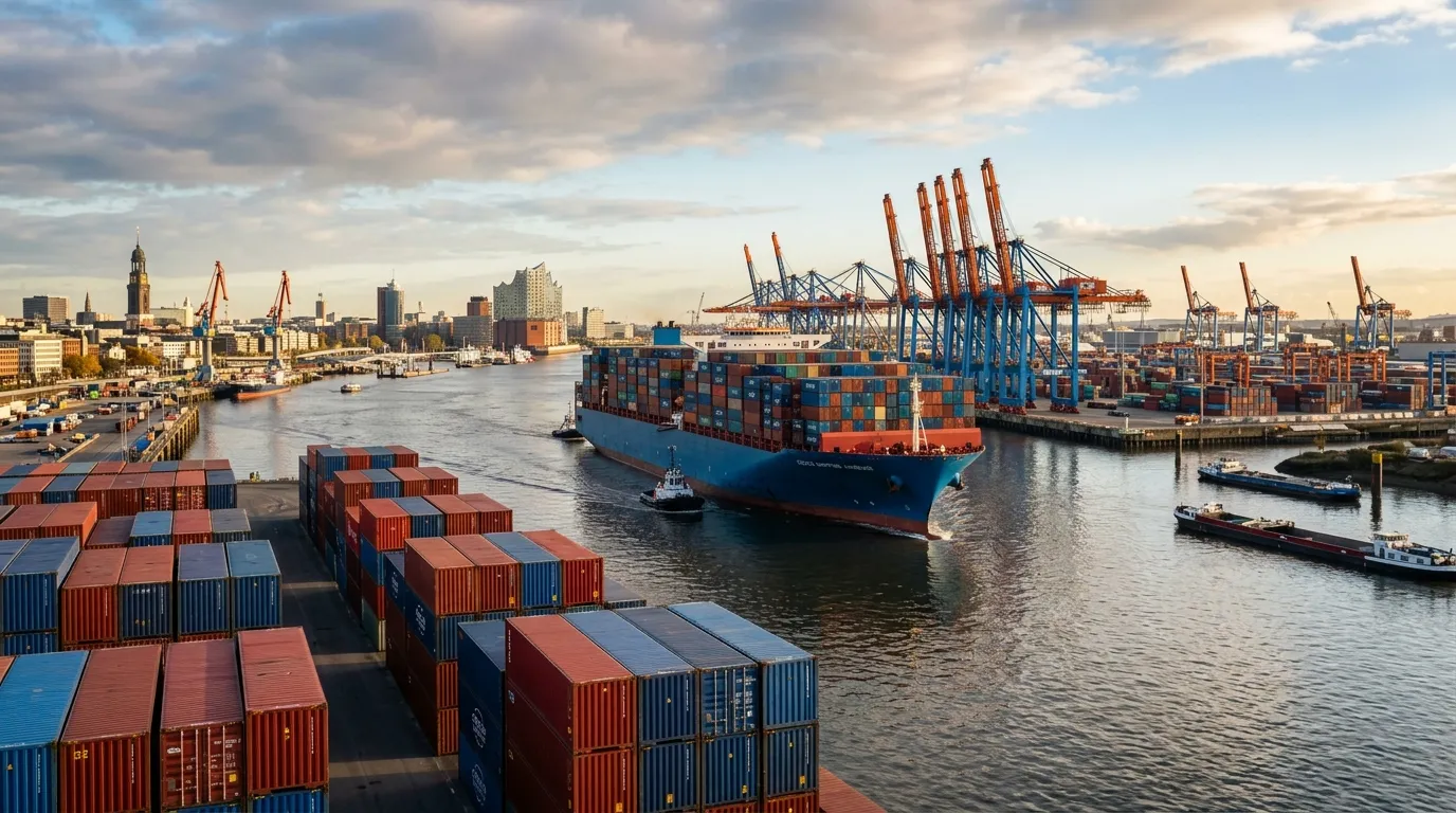 Containerschiff im Hafen mit Importpapieren — EORI-Nummer für Amazon-FBA-Importe