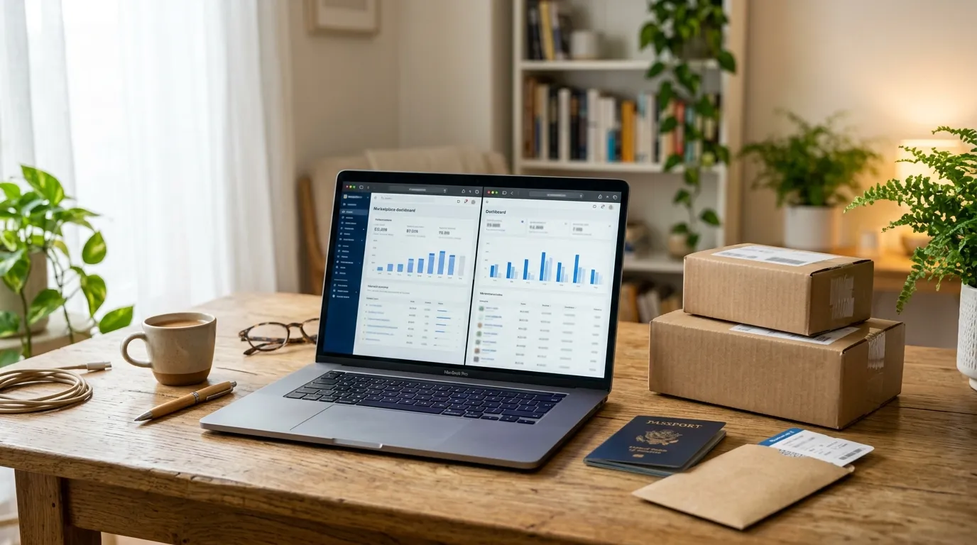 Laptop showing two marketplace dashboards side by side with a passport and shipping boxes on the desk