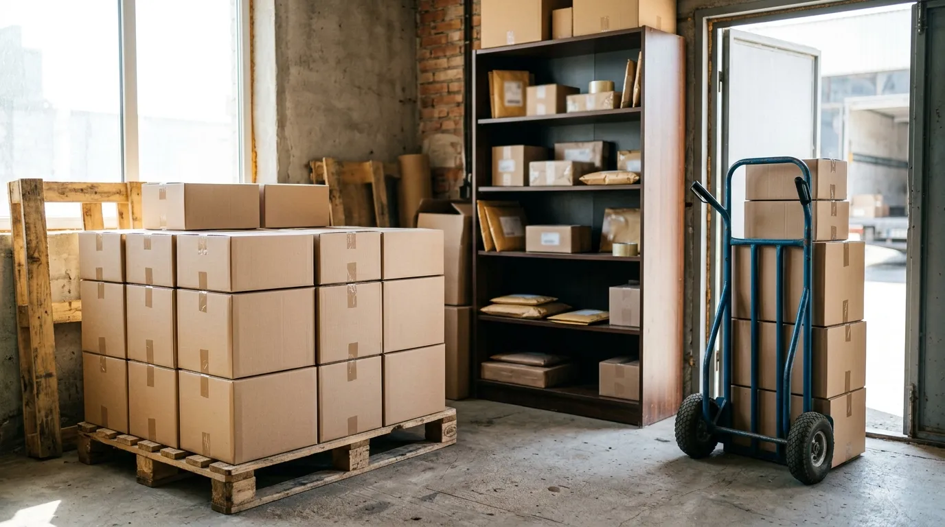 Três fluxos de envio: paletes em galpão logístico, estante doméstica com caixas e entregador coletando pacote na porta