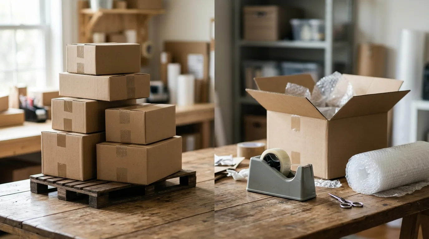 Dos flujos de envío lado a lado: cajas empacadas listas para recolección y una estación de empaque casera