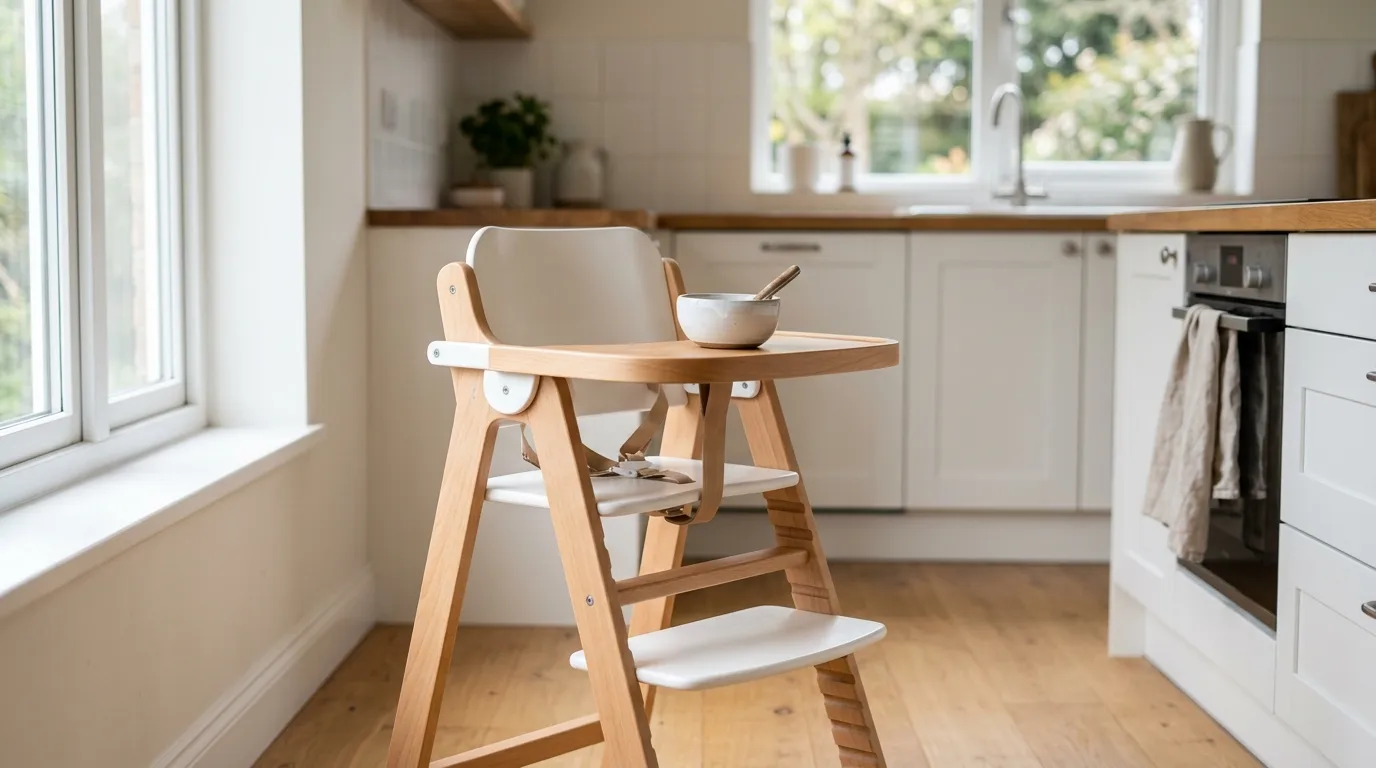 Modern wooden children's highchair from the Fornel Amazon brand styled in a bright Scandinavian-style kitchen