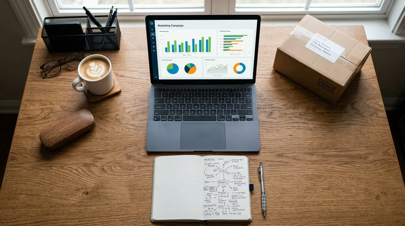 Painel de campanhas de Amazon PPC no notebook mostrando desempenho de palavras-chave