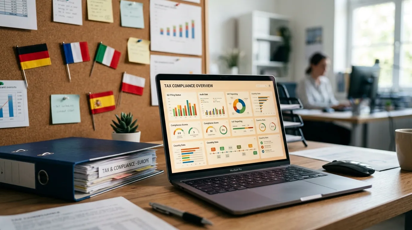 Hellotax-Dashboard mit europäischen Flaggen und USt-Registrierungs-Status