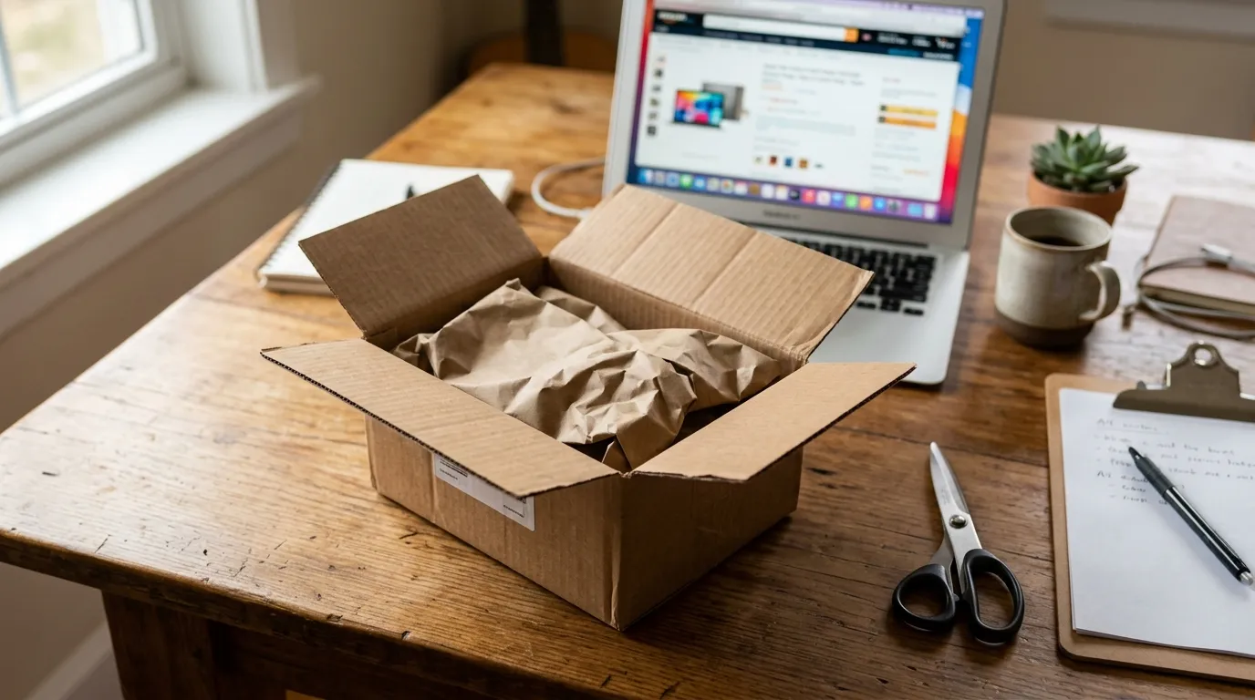 Amazon product listing with highlighted star rating and a small cardboard review sample box