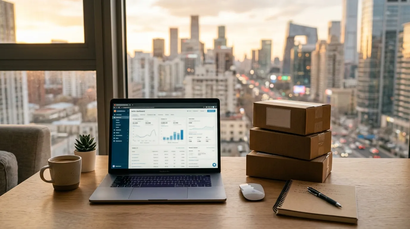Laptop with a marketplace seller dashboard on a desk beside shipping boxes and a notebook, city towers in the window