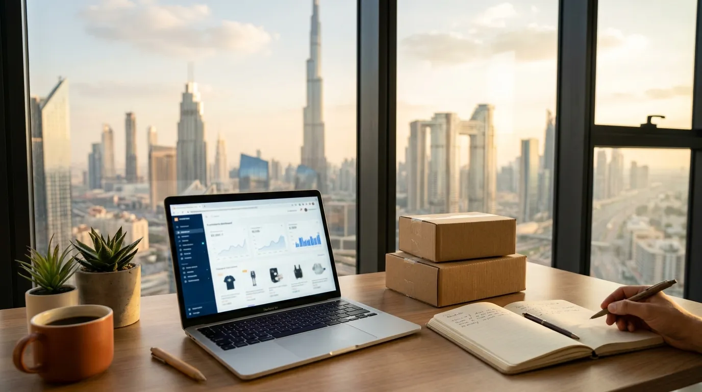 Laptop with an e-commerce dashboard on a desk beside shipping boxes, with the Dubai skyline visible through the window