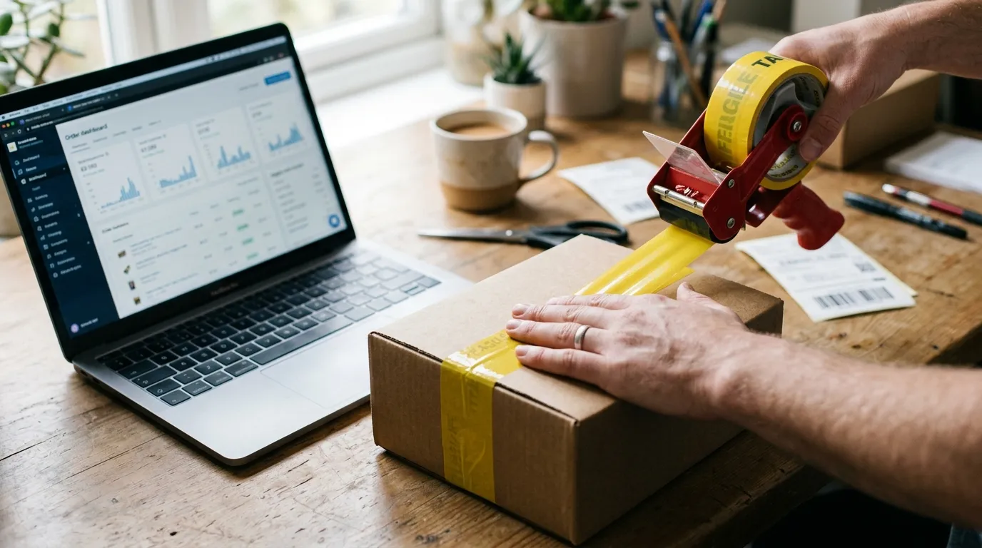 Hands packing a product into a yellow-tinted shipping box beside a laptop showing a seller dashboard