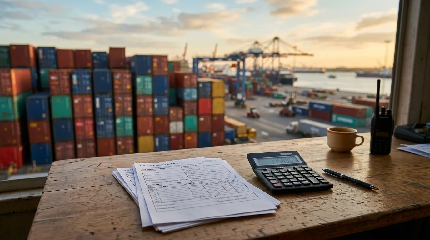 Containers stacked at a Gulf port at dusk with a laptop showing customs refund paperwork in the foreground