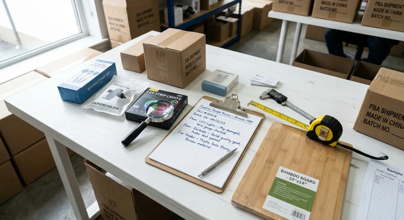 Produktmuster auf einem Schreibtisch bei der Qualitätsprüfung — Samples von chinesischen Lieferanten für Amazon FBA