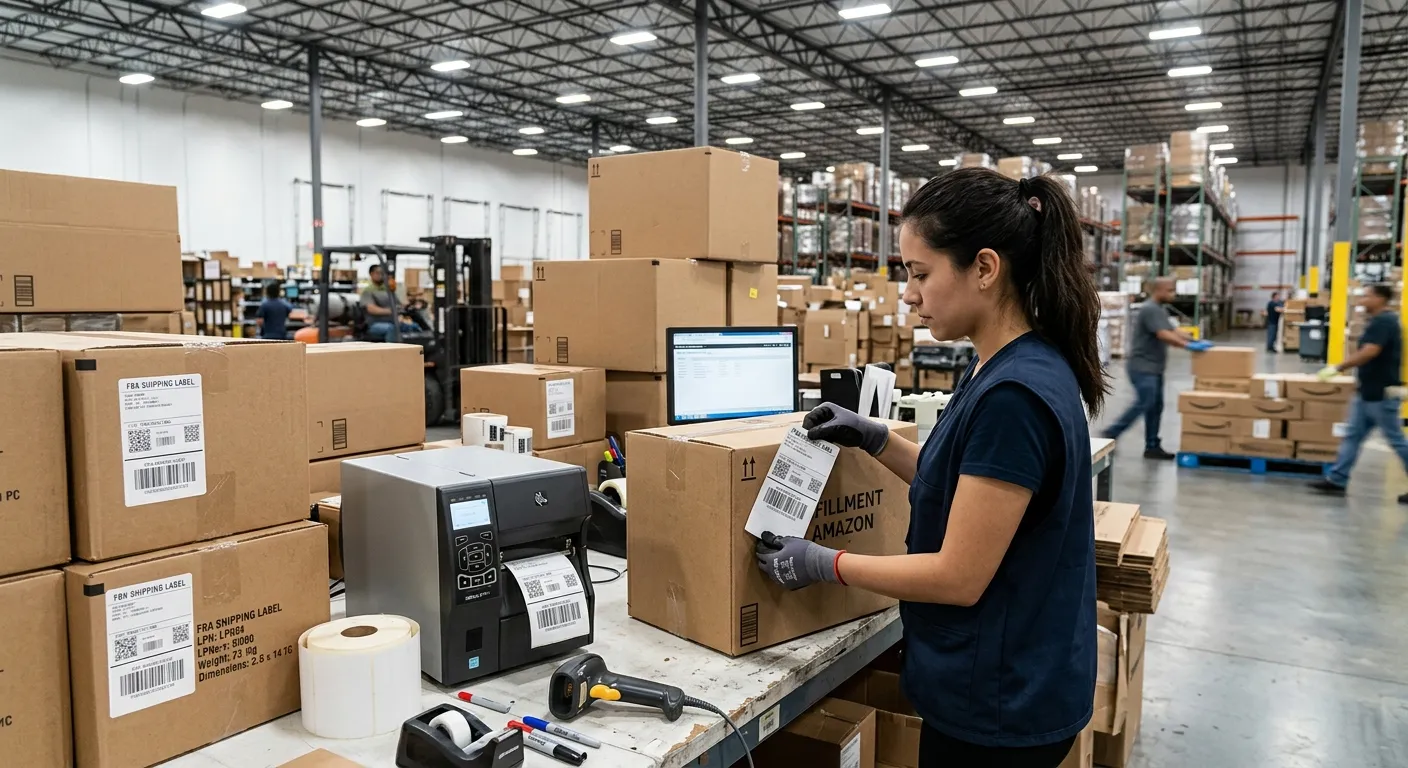 Prep-Center mit FBA-Etikettierung — Kartons werden mit FNSKU-Labels versehen und für den Versand ans Amazon-Lager vorbereitet
