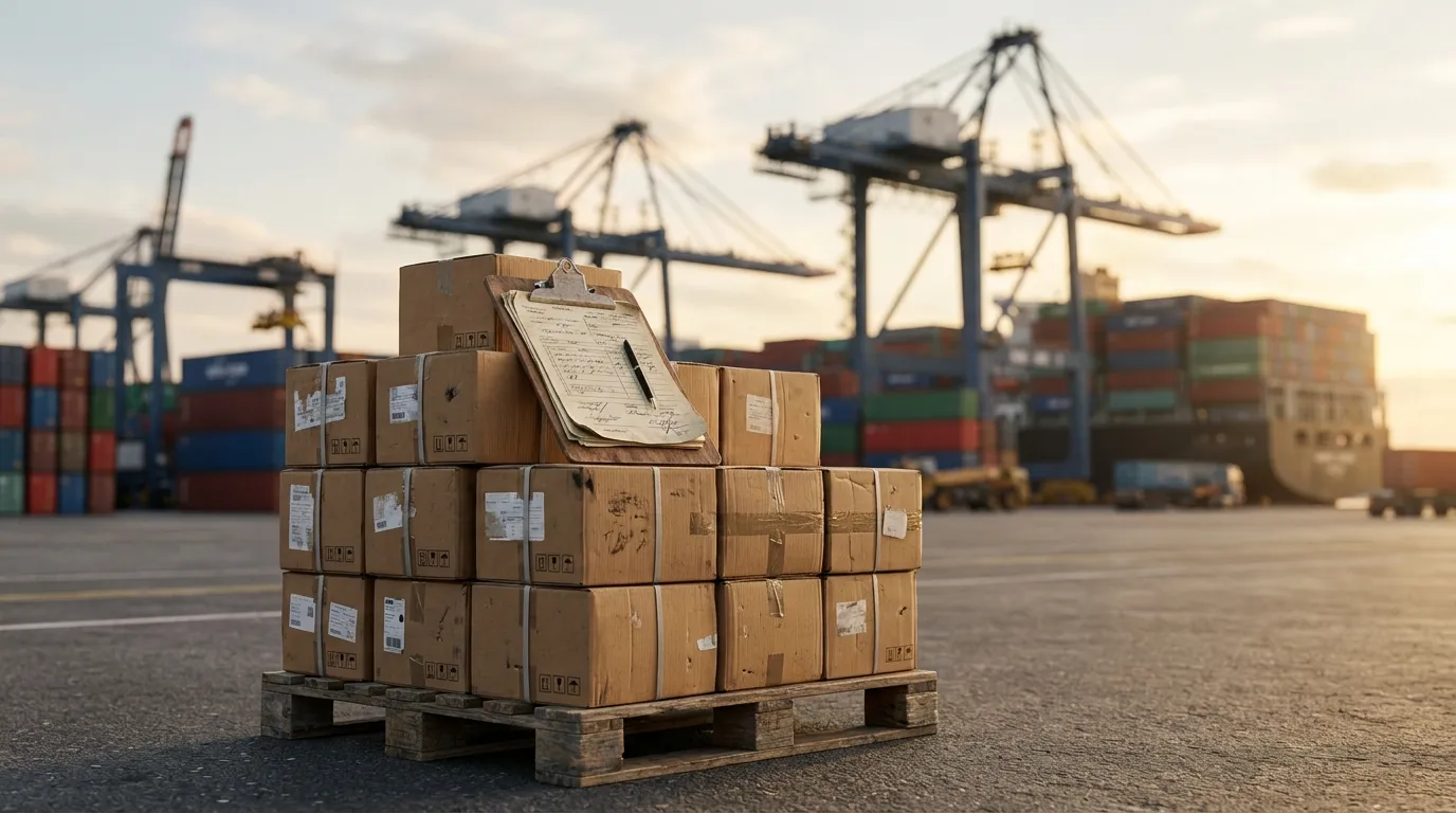 Container port cranes behind stacked import boxes and a clipboard with customs paperwork