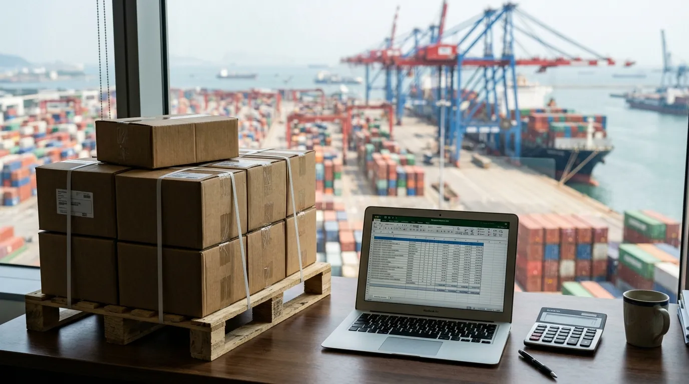 Stacked cardboard import boxes beside a laptop with a cost spreadsheet and a calculator on a warehouse desk
