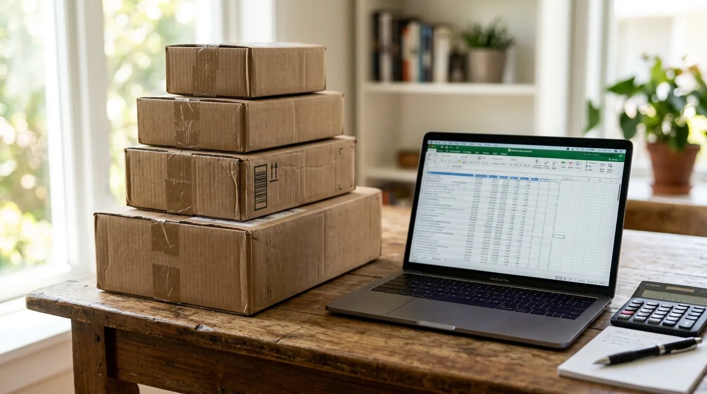 Caixas de papelão de importação ao lado de um notebook com uma planilha de custos e uma calculadora sobre a mesa