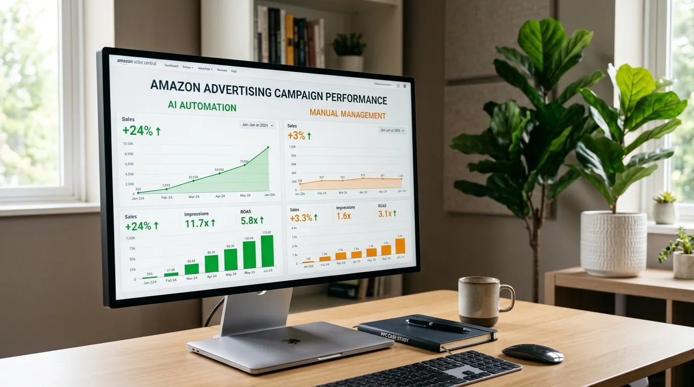 Amazon-PPC-Dashboard mit Split-Screen: KI-gesteuerte und manuell verwaltete Kampagnenmetriken nebeneinander
