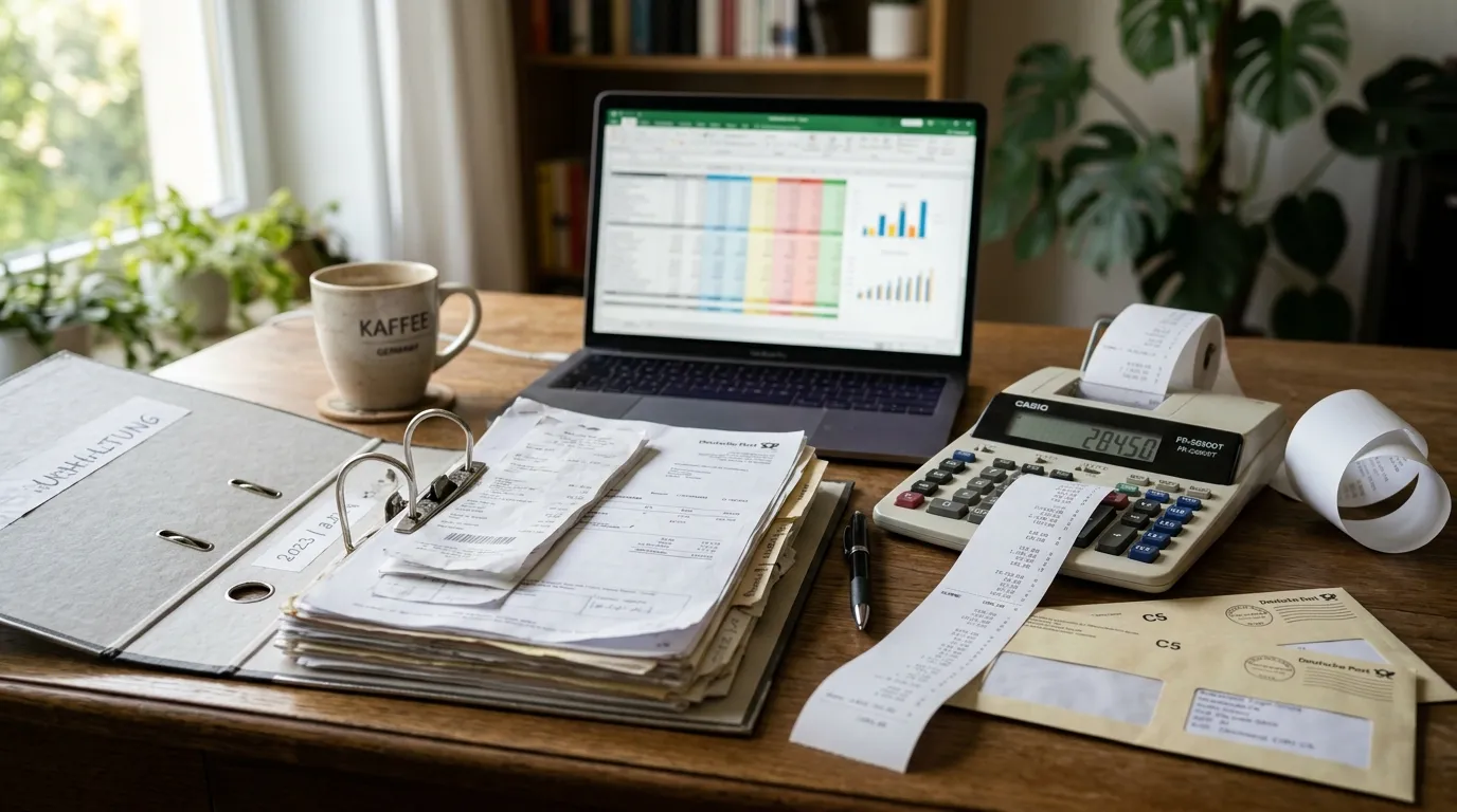 Aktenordner mit Buchhaltungsunterlagen, Taschenrechner und Steuer-Briefumschläge auf einem Schreibtisch — Mehrwertsteuer-Compliance für Amazon-FBA-Verkäufer