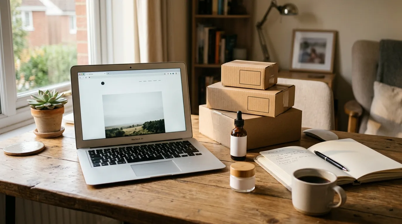 Laptop abierta sobre un escritorio junto a cajas de envío y muestras de producto para investigación de Amazon FBA