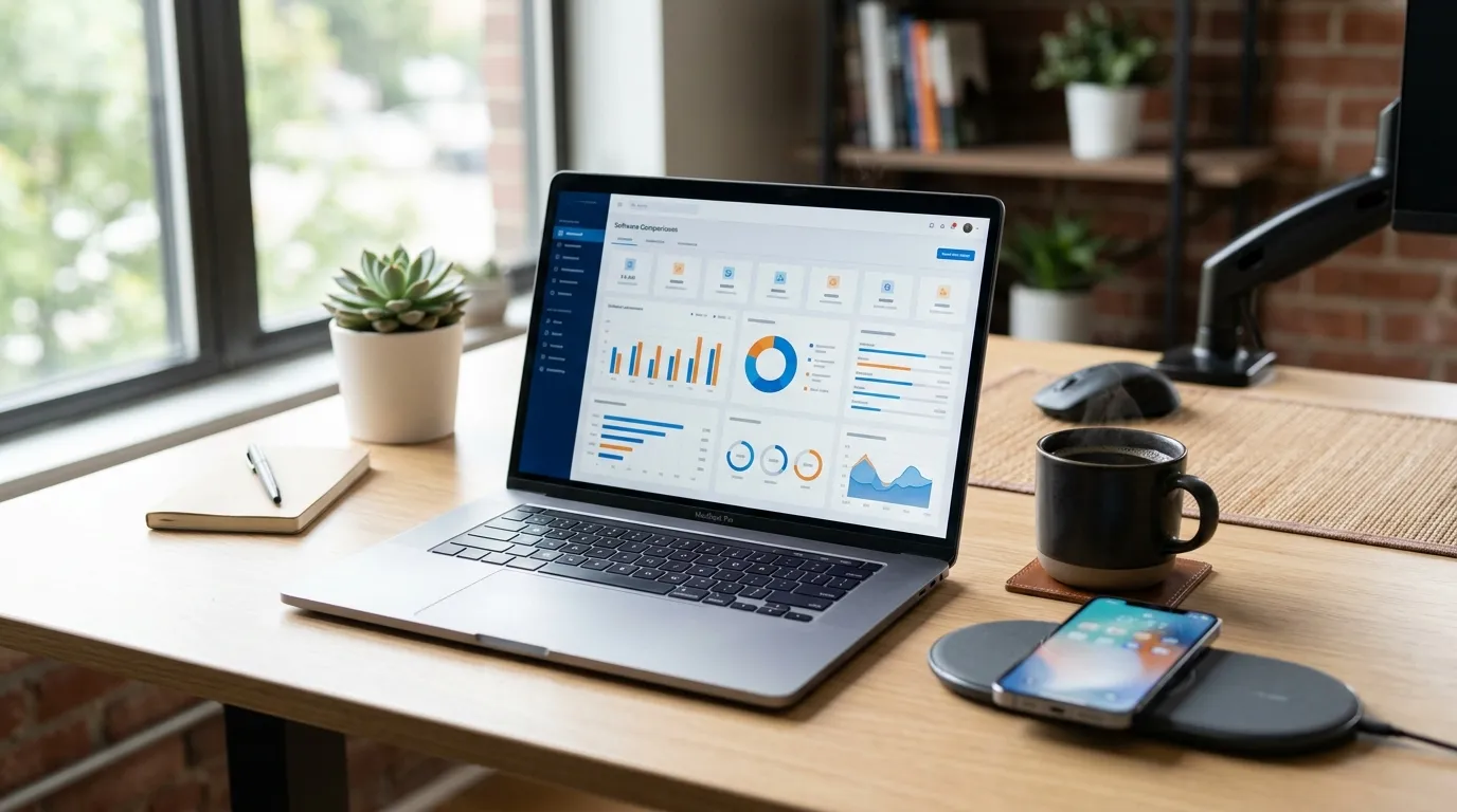 Panel de comparación de herramientas de Amazon PPC en la laptop con gráficas y métricas de publicidad