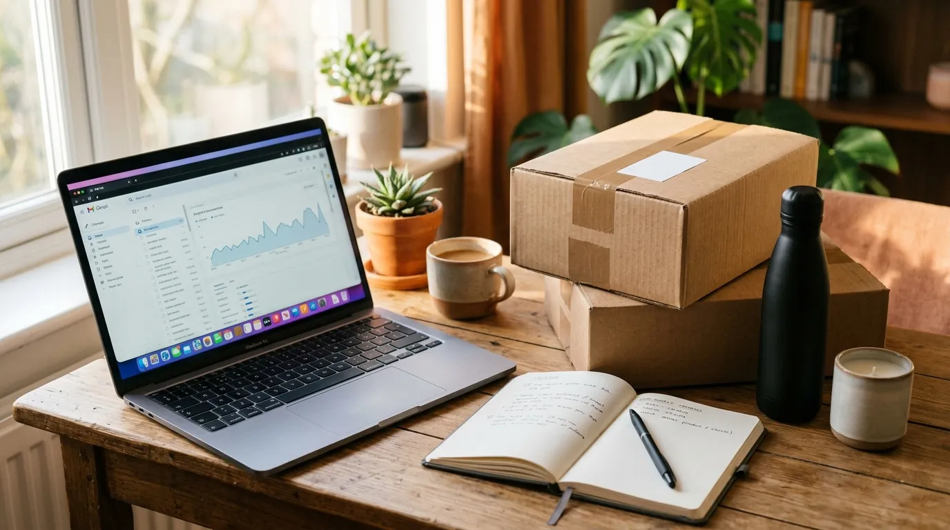 Notebook aberto sobre uma mesa ao lado de caixas de envio e amostras de produto para pesquisa de Amazon FBA