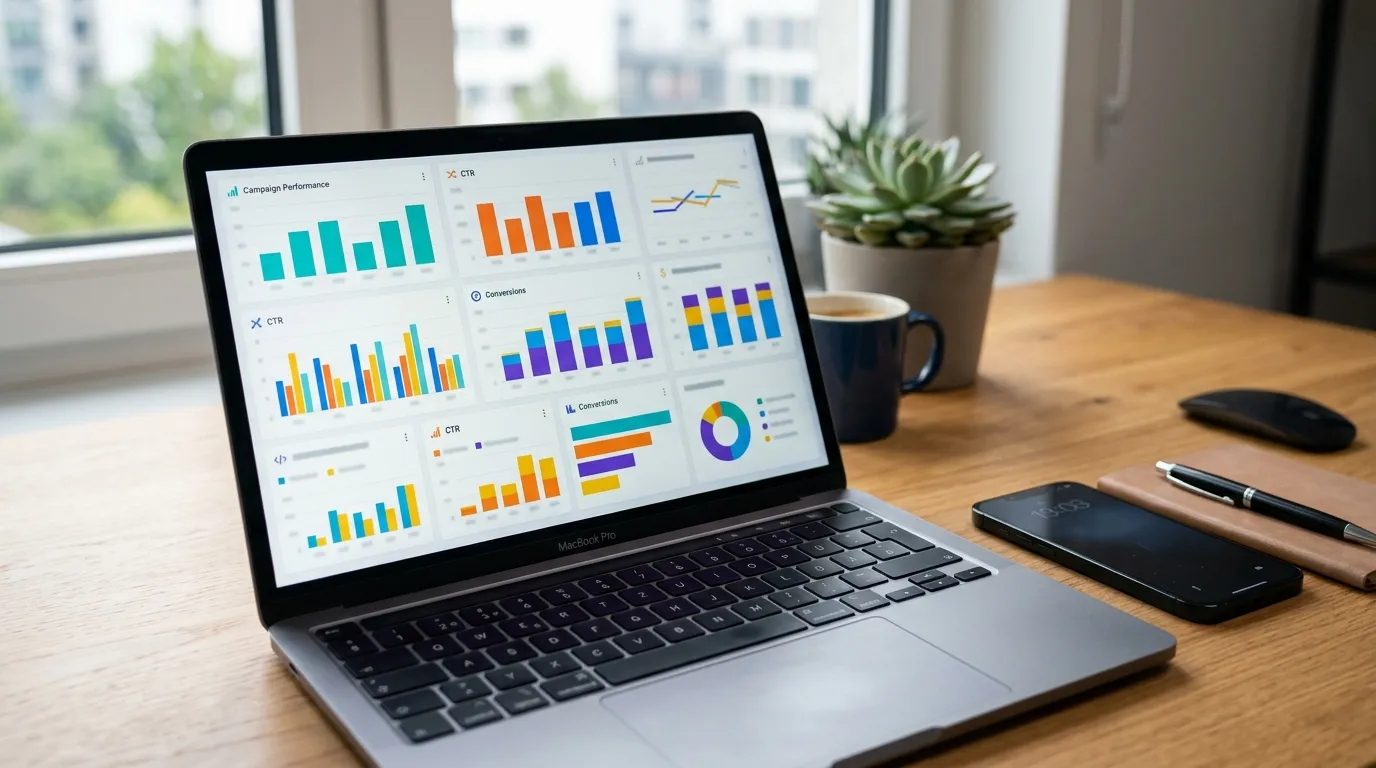 Painel de comparação de ferramentas de Amazon PPC no notebook com gráficos e métricas de publicidade