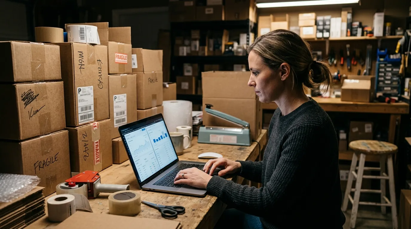 Vendedor comparando dos marketplaces en la laptop con cajas de envío sobre la mesa de una bodega pequeña