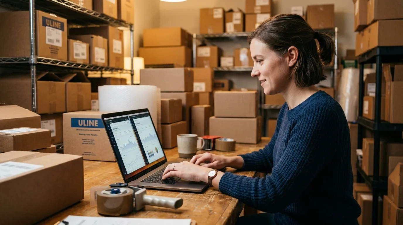 Vendedor comparando dois marketplaces no notebook com caixas de envio sobre a mesa de um pequeno depósito