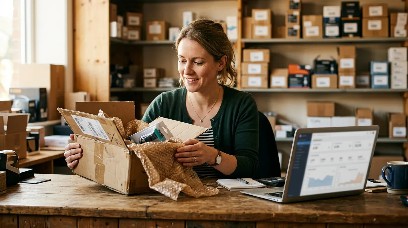 Vendedora de Amazon en su escritorio inspeccionando un paquete devuelto junto a una laptop con panel de devoluciones