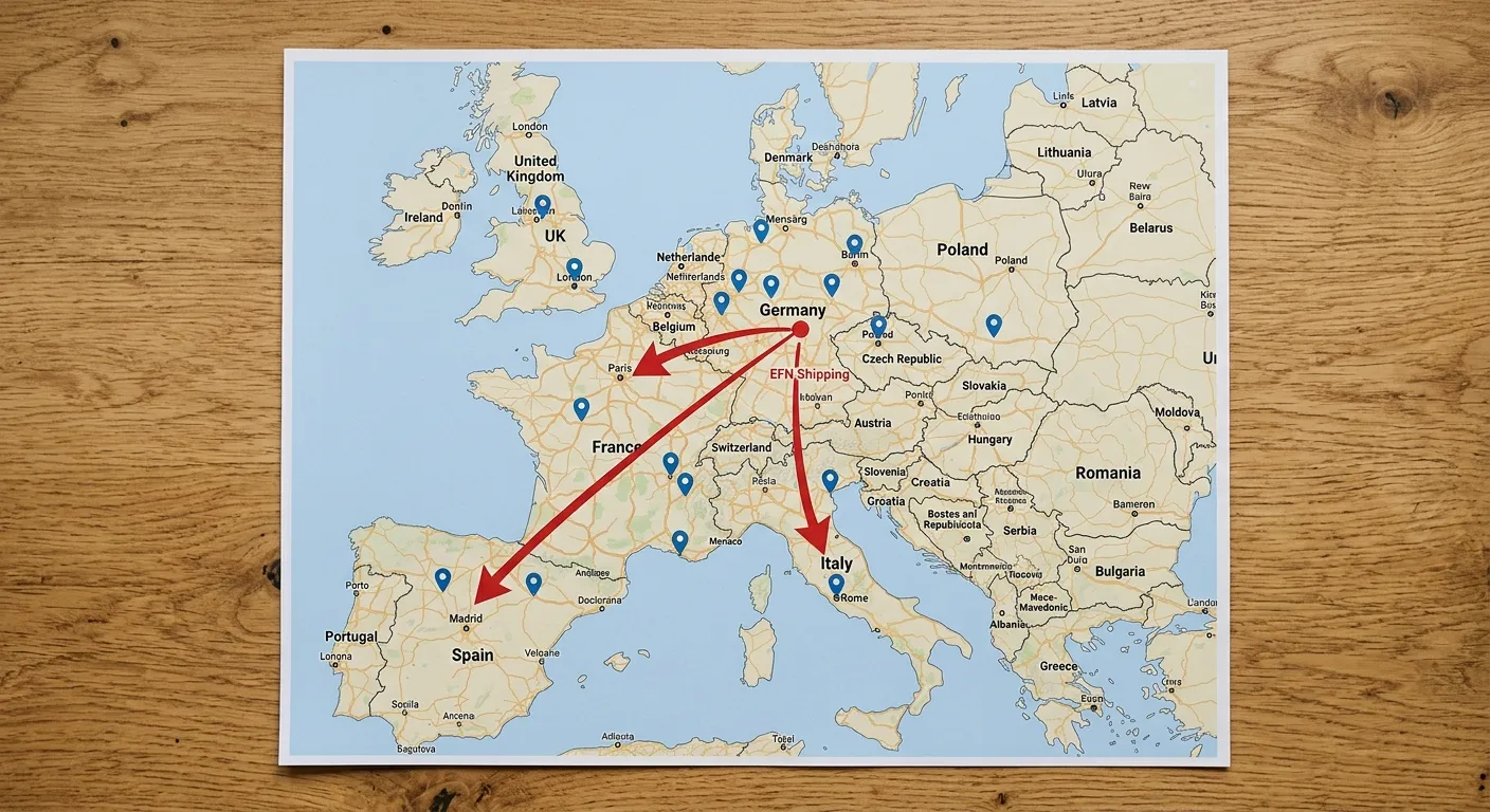 Europakarte mit Lieferwegen — EFN aus einem Standort vs. Pan-EU mit verteilten Lagern in mehreren EU-Ländern