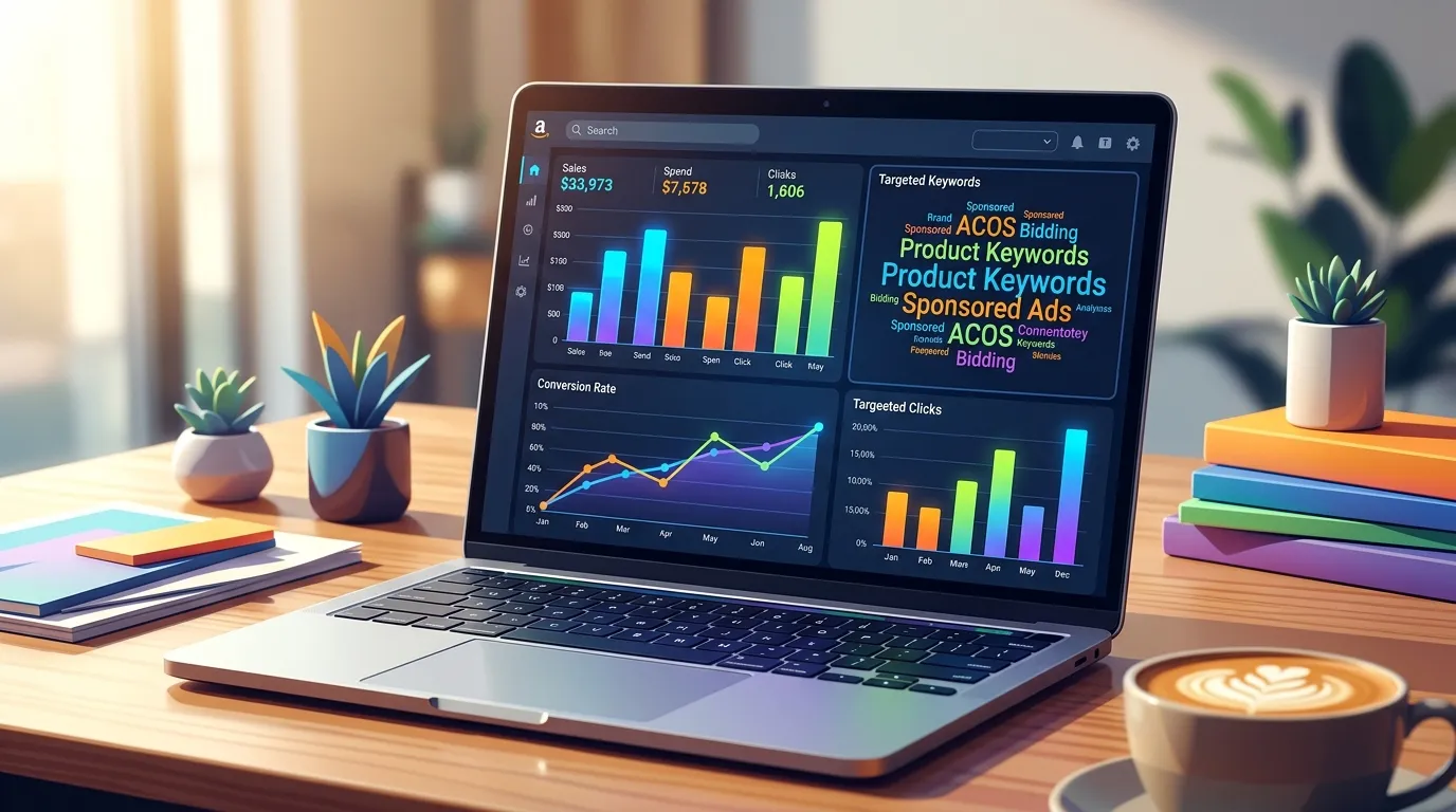 Amazon PPC campaign dashboard showing keyword performance metrics