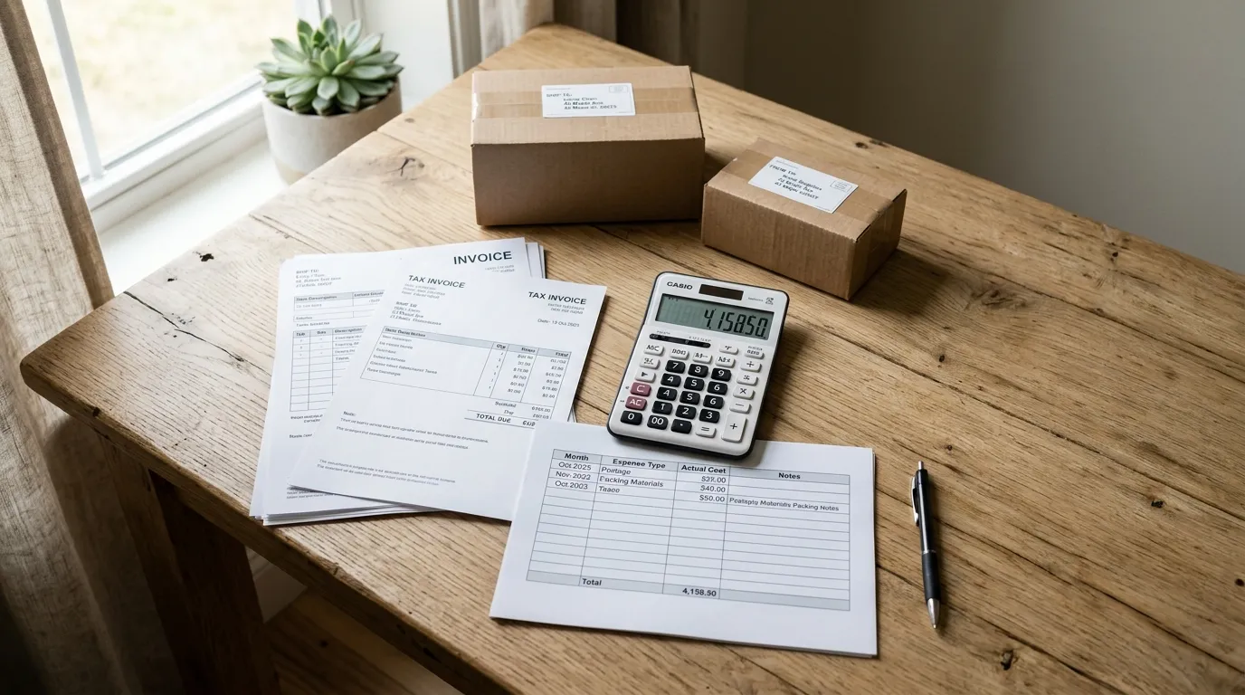 Calculadora, notas fiscais e planilha de custos sobre uma mesa ao lado de caixas de envio