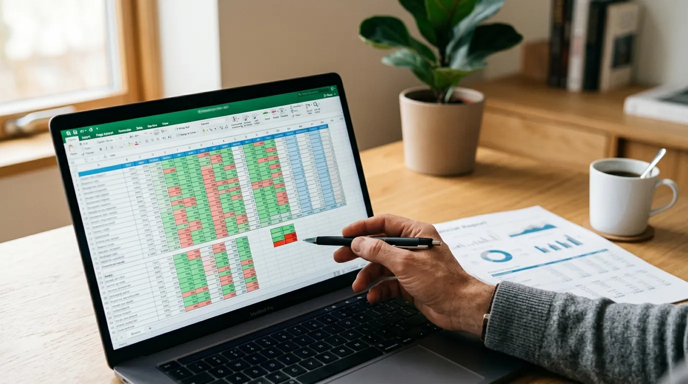 Таблица Excel с P&L продавца Wildberries на экране ноутбука рядом с чашкой кофе