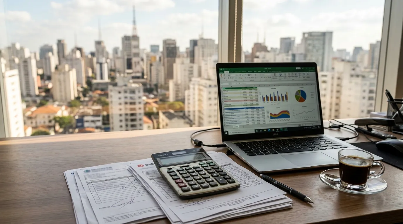Calculadora sobre notas fiscais impressas ao lado de um notebook com planilha de impostos aberta