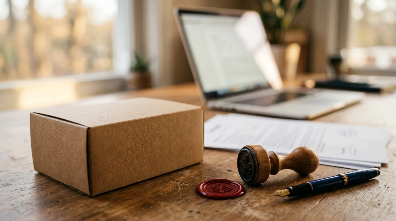 Caixa de produto elegante ao lado de papelada de certificado carimbada e uma caneta sobre a mesa