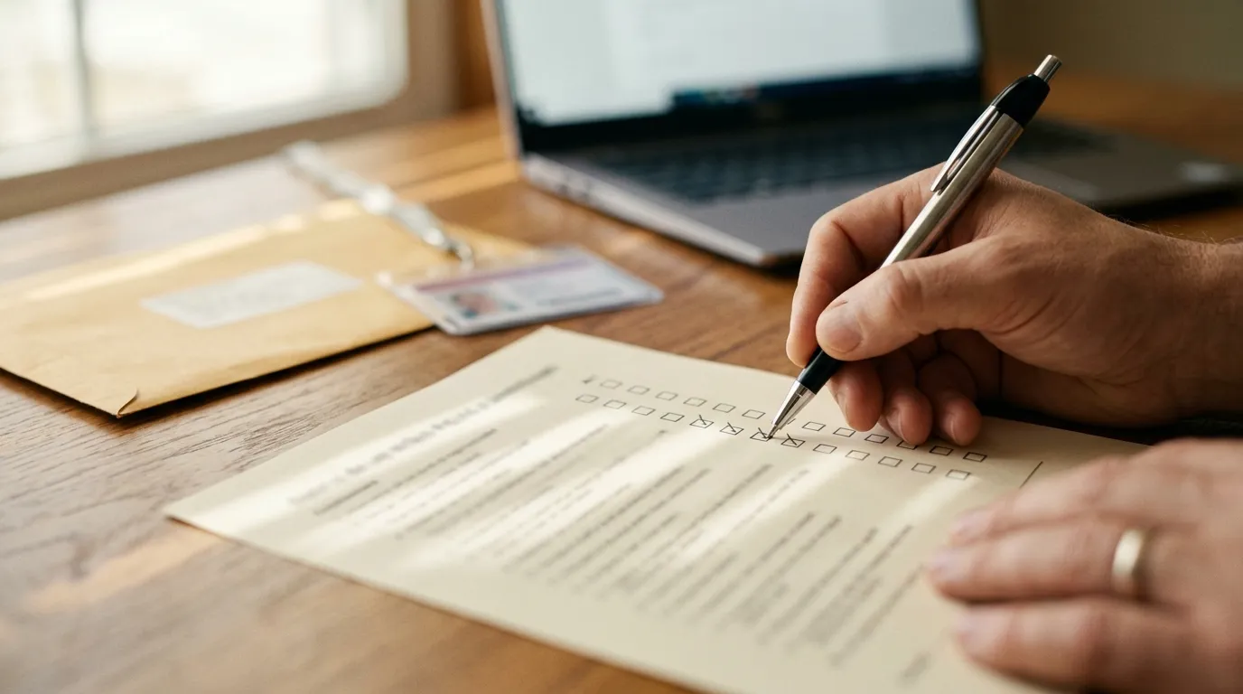 Persona palomeando una lista impresa en un escritorio con documentos de identificación y una laptop