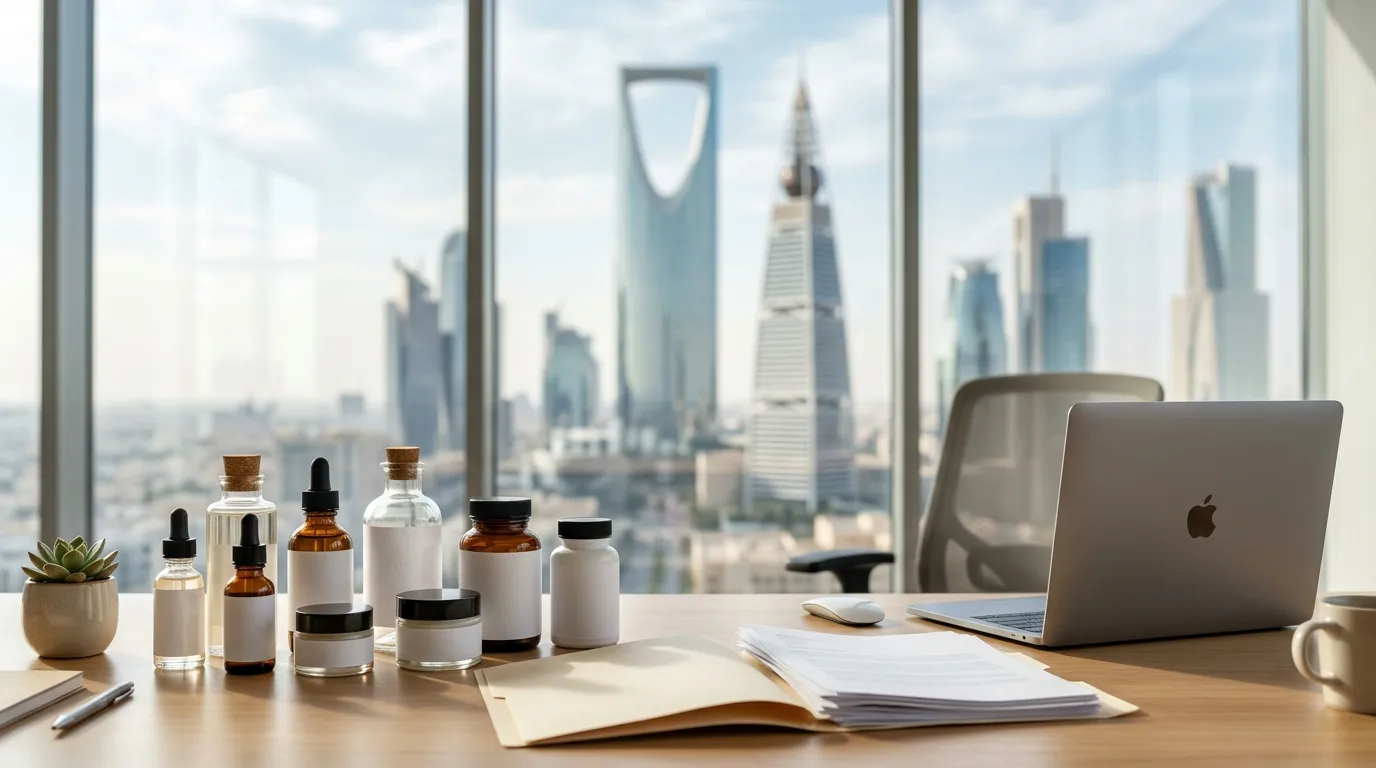 Unbranded cosmetic bottles next to a compliance document folder and an open laptop on a desk