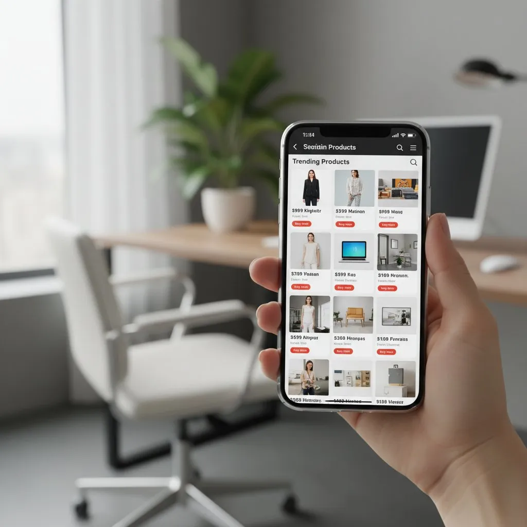 Экран смартфона с TikTok лентой и карточками товаров Amazon