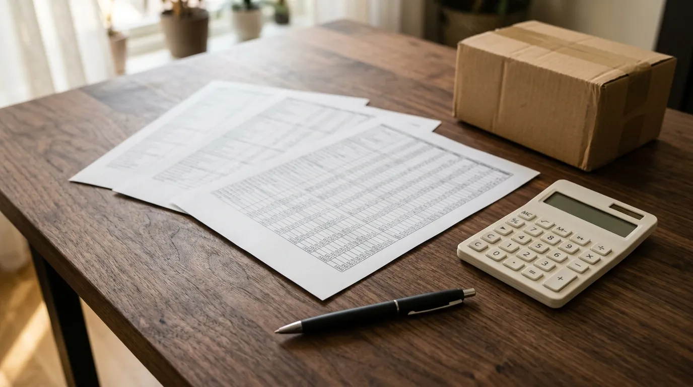 Documentos de tarifas impressos e uma calculadora sobre a mesa ao lado de caixas de envio