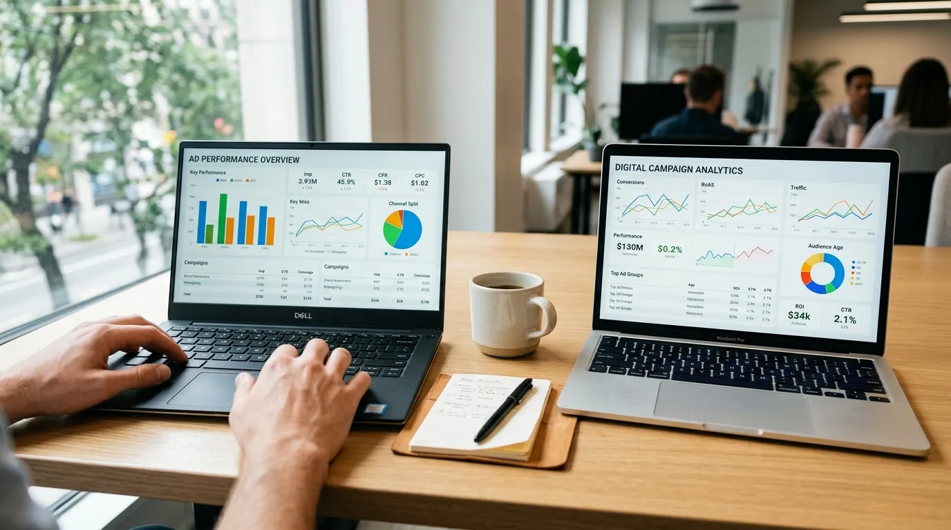 Two laptop screens showing Amazon PPC dashboards side by side with advertising performance charts