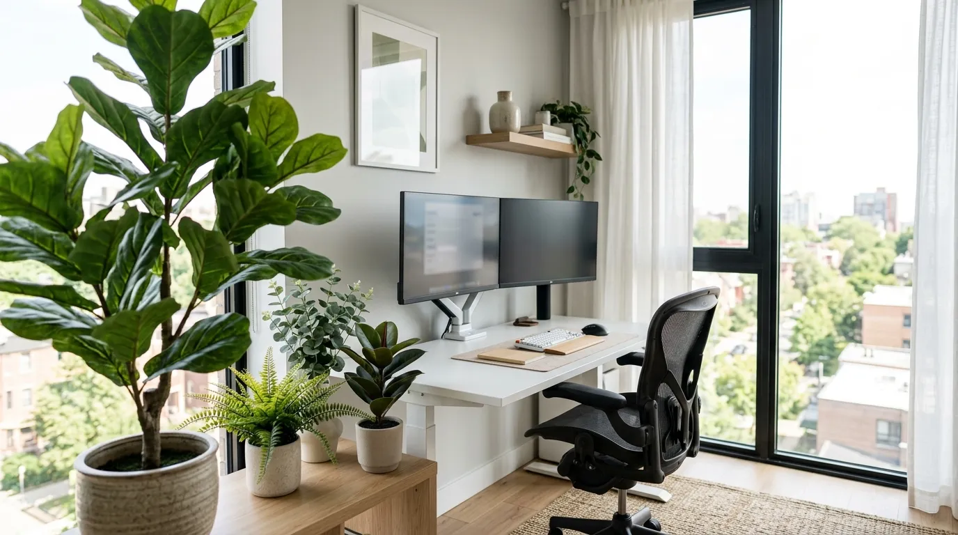 Artificial fiddle leaf fig trees from the Tropeza Amazon brand styled in a modern office workspace